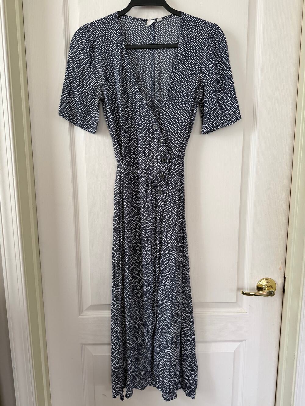 GAP Womens Size XS Navy White Polka Dot Midi Dress Button Front Tie Waist V Neck